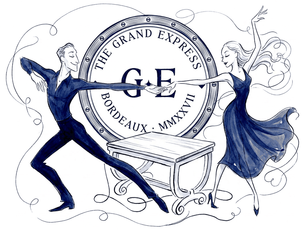 Couple de danseurs West Coast Swing devant le sceau The Grand Express